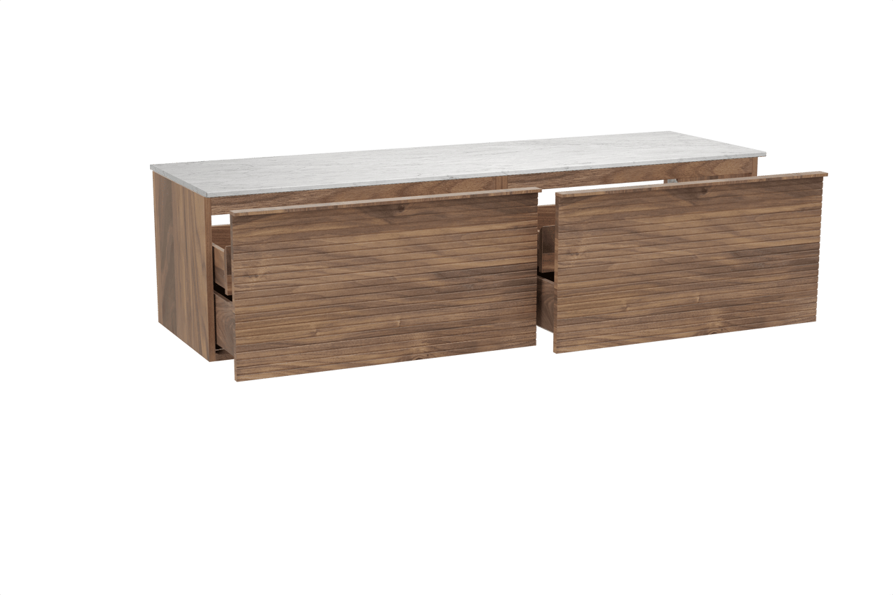 Balmani Forma hängendes Möbelstück Set: 180 x 55 cm, Amerikanischer Nussbaum, mit Stretto Einzel- oder Doppel Waschtischplatte, Marmor, Carrara, Horizontale symmetrische gerade Rippe