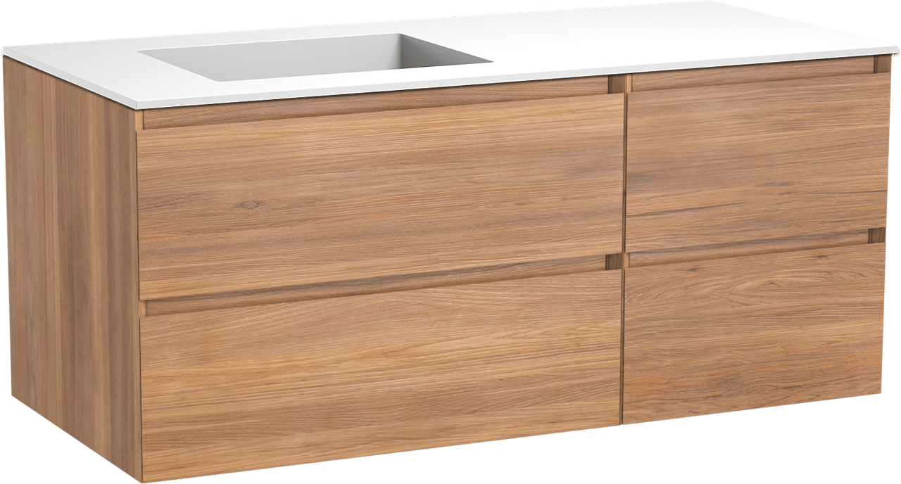 Balmani Mitra hängendes Möbelstück Set: 120 x 55 cm, Teak, mit Tablo Stretto Waschtisch links, Solid Surface Weiß matt