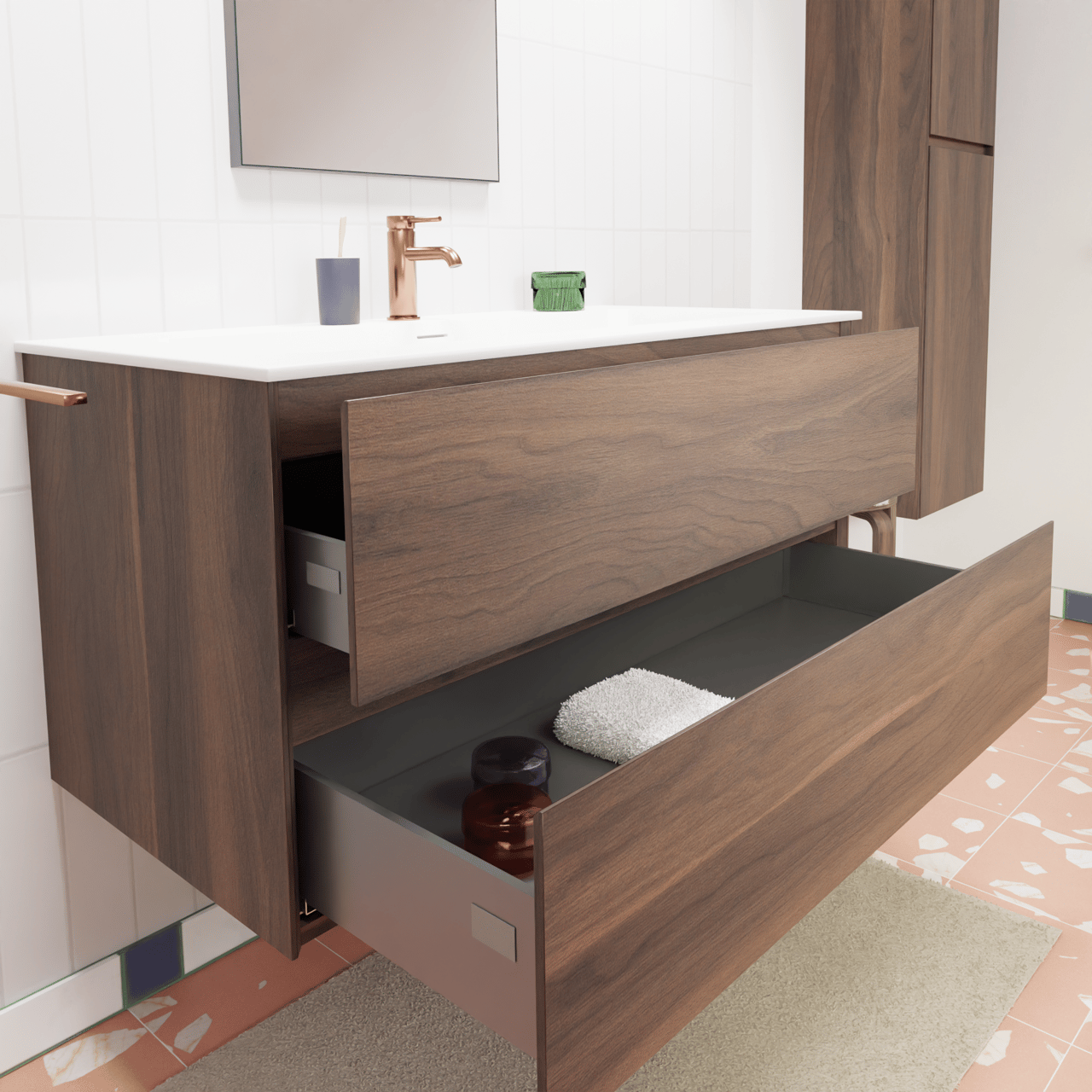 Storke Edge zwevend badmeubel 100 x 46 cm notenhout met Diva enkele wastafel in composietmarmer hoogglans wit