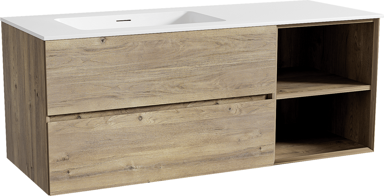 Storke Edge zwevend badmeubel 130 x 52 cm ruw eiken met Mata asymmetrisch linkse wastafel in solid surface mat wit