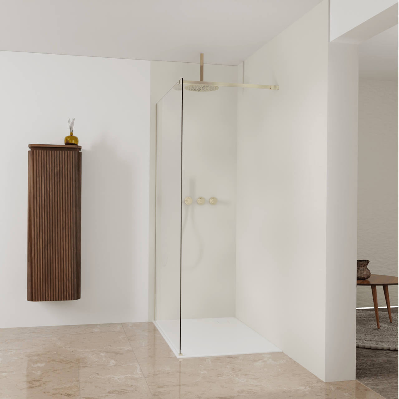 Balmani Modular Walk-In Dusche: 120 x 200 cm, Permafrost, inklusive Coating, Profil Brushed Champagne Gold