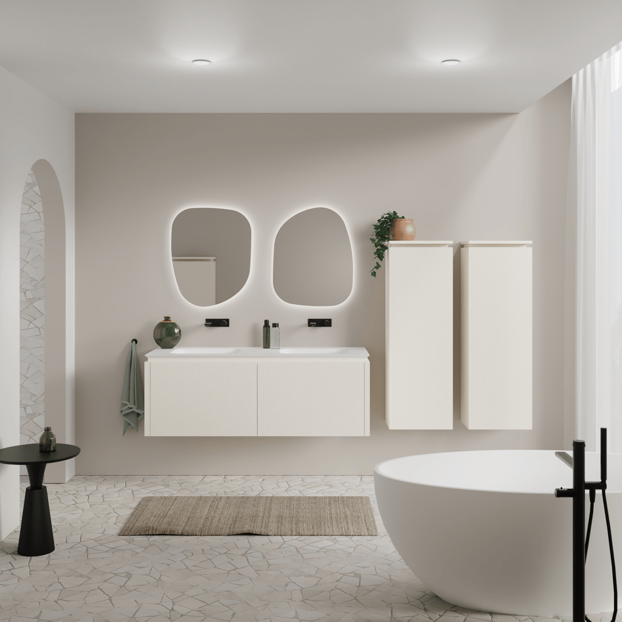 Balmani Eclips Ribs zwevende kolomkast rechts Sandbeige 44 x 32 x 130 cm vert. sym. groef