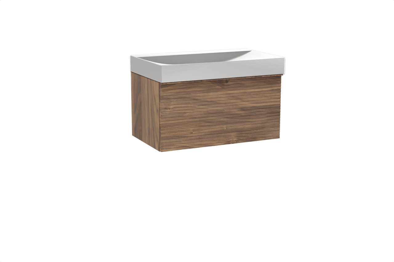 Balmani Forma zwevend badkamermeubel 90 x 55 cm amerikaanse notelaar met Wave enkele wastafel in solid surface mat wit, Horizontale symmetrische rechte ribbel