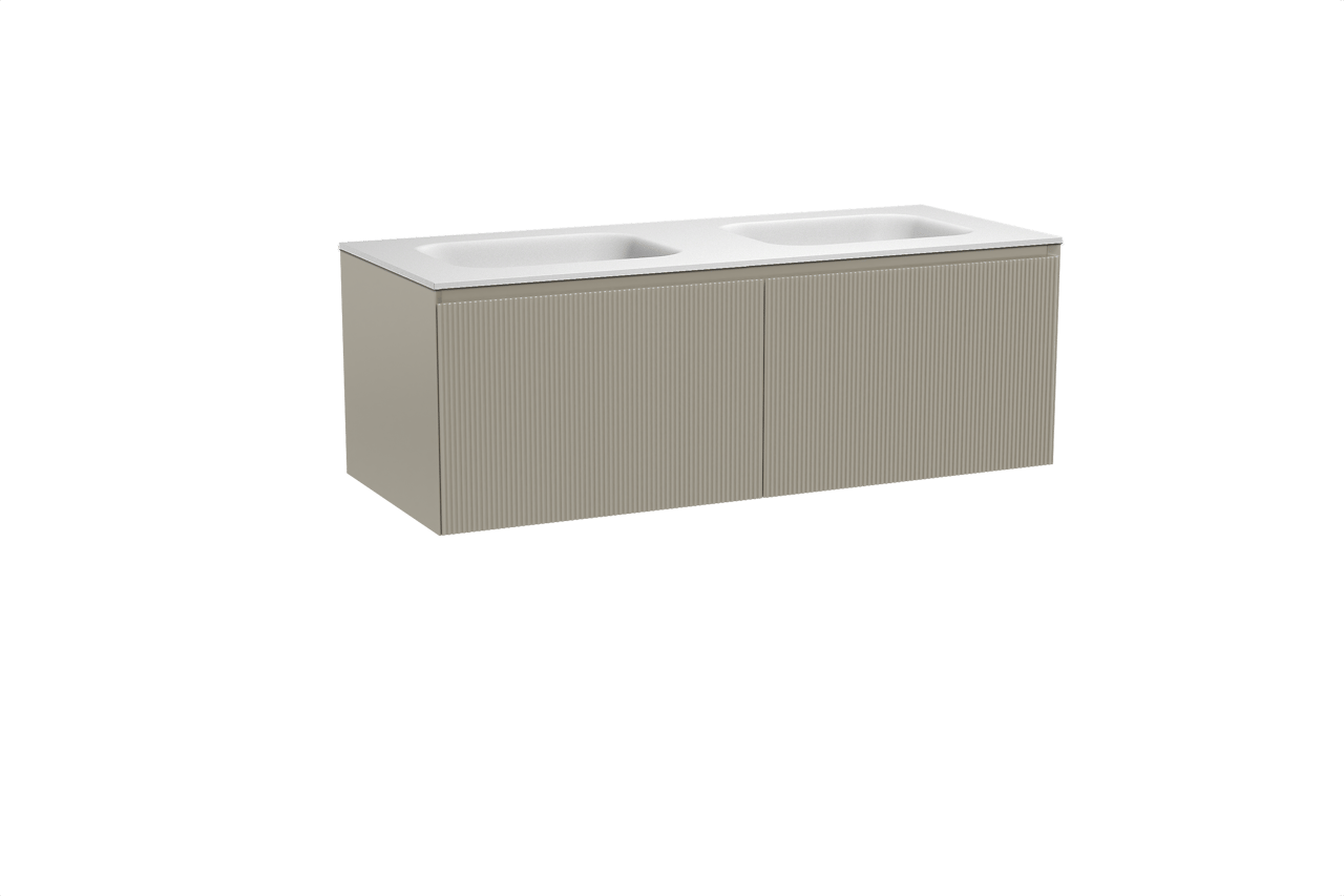 Balmani Fila zwevend badkamermeubel 135 x 55 cm steengrijs met Tablo Arcato dubbele wastafel in solid surface mat wit, Verticale symmetrische rechte ribbel