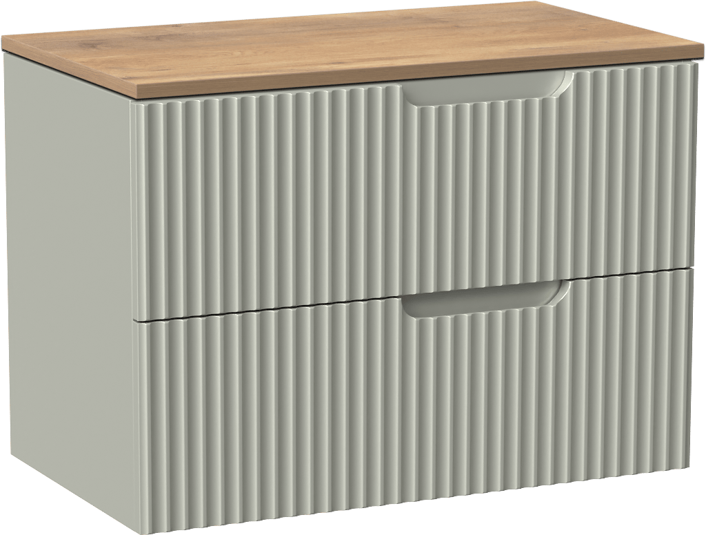 Linie Ribbo zwevend badmeubel 80 x 46 cm greige met Lado enkel wastafelblad in melamine naturel eiken, Verticale symmetrische ronde ribbel