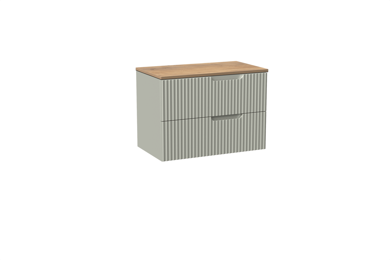 Linie Ribbo meuble salle de bains suspendu 80 x 46 cm greige avec Lado tablette simple en mélaminé chêne naturel, Nervure circulaire symétrique verticale