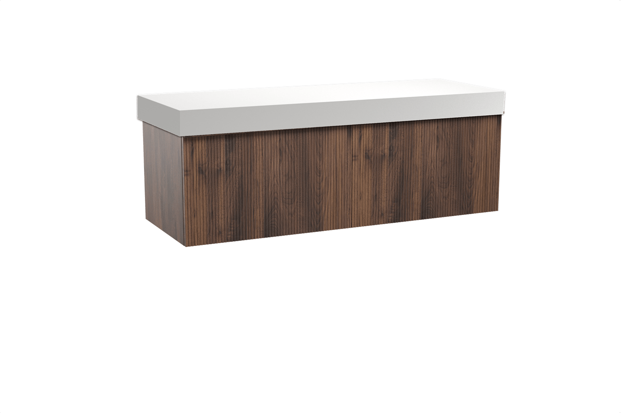 Balmani Forma hängendes Möbelstück Set: 150 x 55 cm, Amerikanischer Nussbaum, mit Dominus Einzel- oder Doppel Waschtischplatte, Solid Surface, Weiß matt, Vertikale symmetrische gerade Rippe