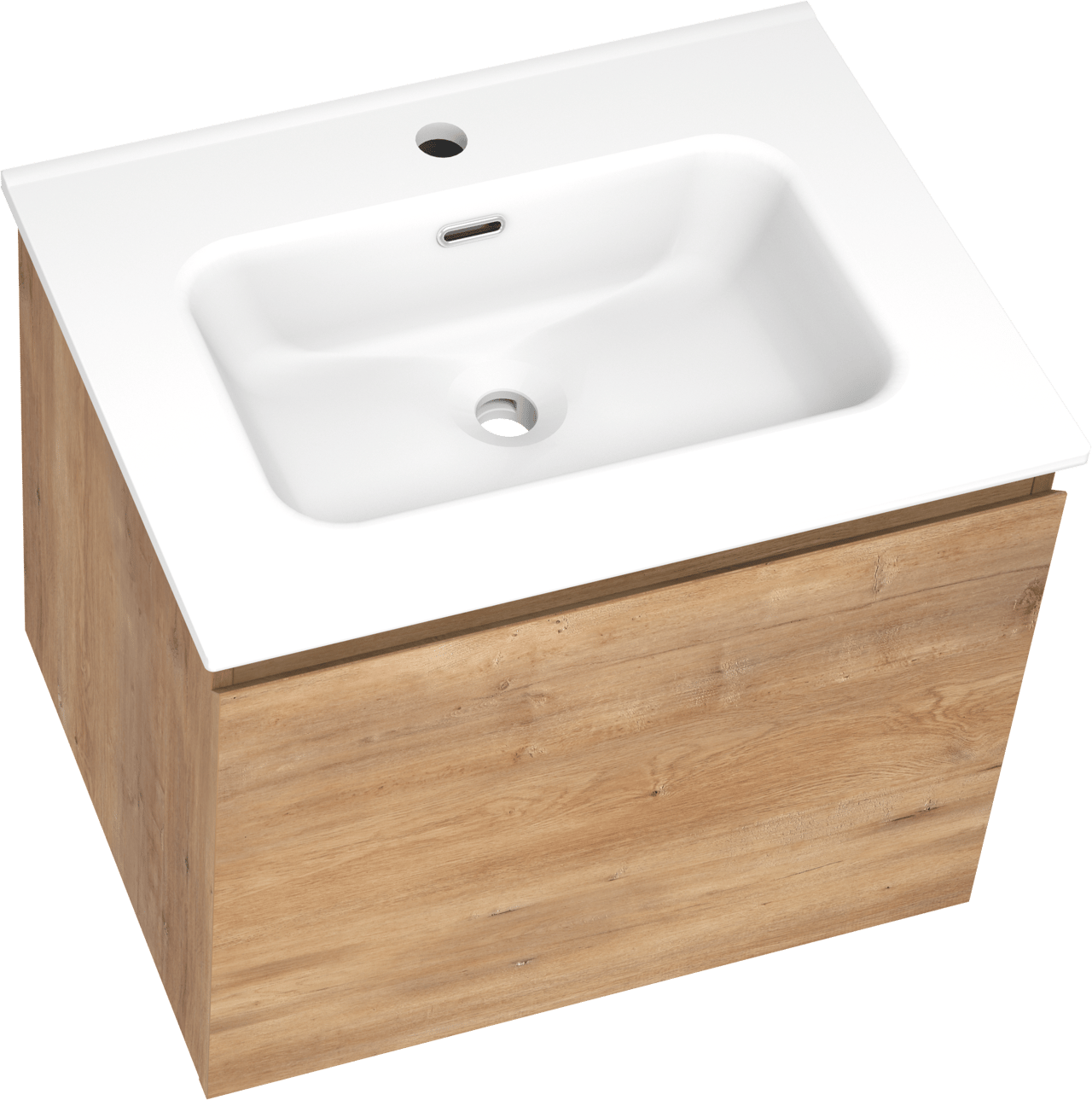 Linie Lado zwevend badmeubel 60 x 46 cm naturel eiken met Baro enkele wastafel in porselein mat wit