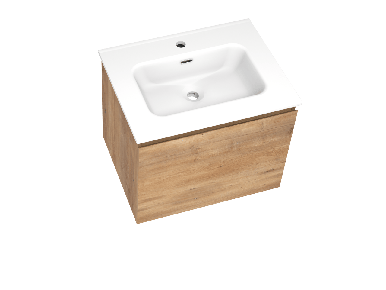 Linie Lado hängendes Möbelstück Set: 60 x 46 cm, Naturbelassene Eiche, mit Baro Einzelwaschtisch, Porzellan Weiß matt