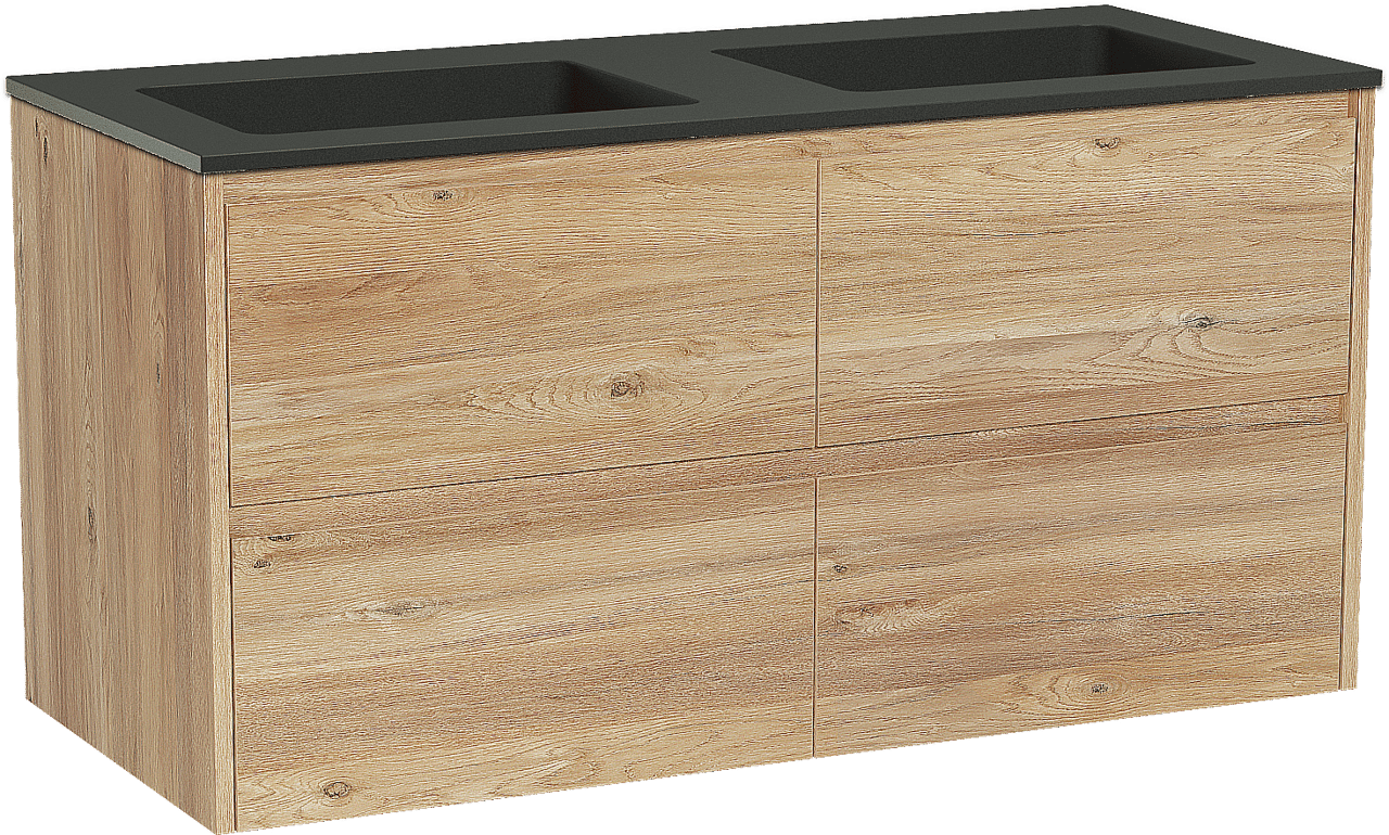 Storke Seda zwevend badmeubel 120 x 52 cm ruw eiken met Scuro dubbele wastafel in kwarts mat zwart