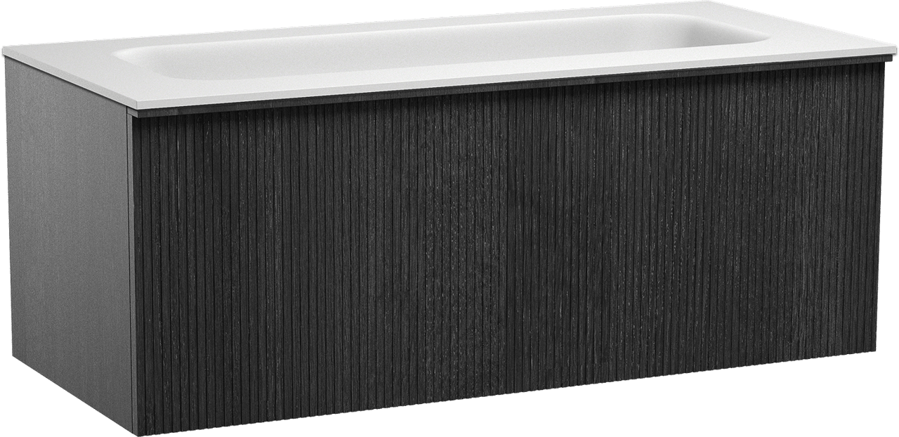 Balmani Forma zwevend badmeubel 120 x 55 cm zwart eiken met Tablo Arcato enkele wastafel voor 2 kraangaten in solid surface mat wit, Verticale symmetrische rechte ribbel