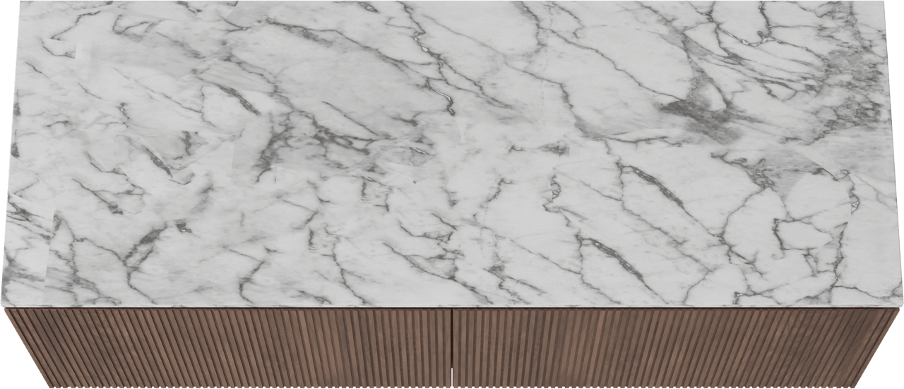 Balmani Eclips hängendes Möbelstück Set: 150 x 55 cm, Amerikanischer Nussbaum, mit Stretto Einzel- oder Doppel Waschtischplatte Carrara-Marmor, Vertikale symmetrische gerade Rippe