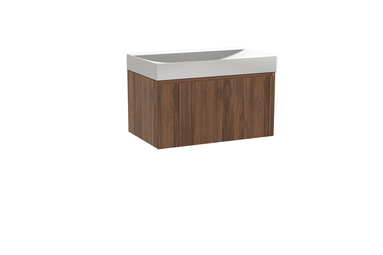 Balmani Fila hängendes Möbelstück Set: 90 x 55 cm, Nussbaum, mit Wave Einzelwaschtisch, Solid Surface, Weiß matt, Vertikale symmetrische gerade Rippe