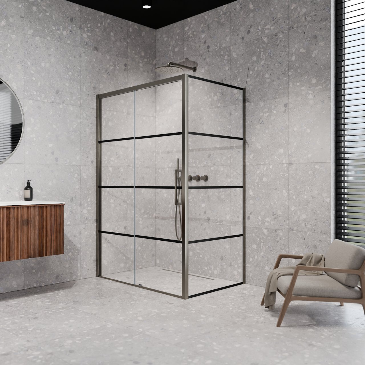 Balmani Senses Design douchehoek met linkse schuifdeur en vaste zijwand, 120 x 90 cm, Lined, Brushed GunMetal profielen