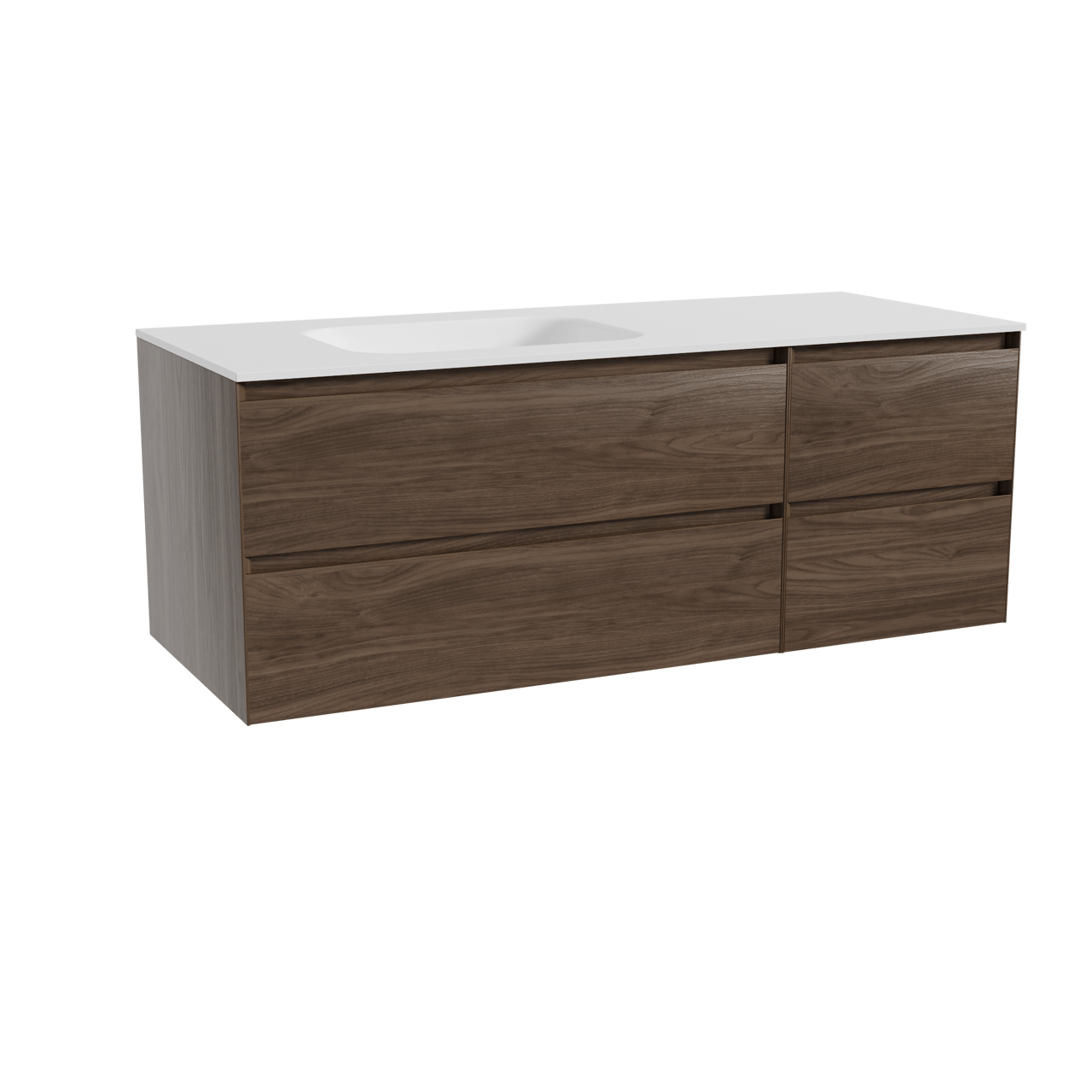 Balmani Mitra hängendes Möbelstück Set: 135 x 55 cm, Amerikanischer Nussbaum, mit Tablo Arcato Waschtisch links, Solid Surface Weiß matt