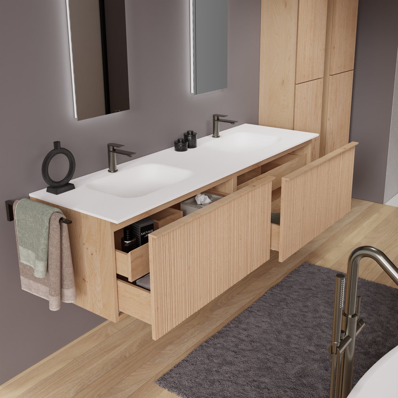 Balmani Forma hängendes Möbelstück Set: 180 x 55 cm, Naturbelassene Eiche, mit Tablo Arcato Doppelwaschtisch, Solid Surface, Weiß matt, Vertikale asymmetrische Runde Rippe