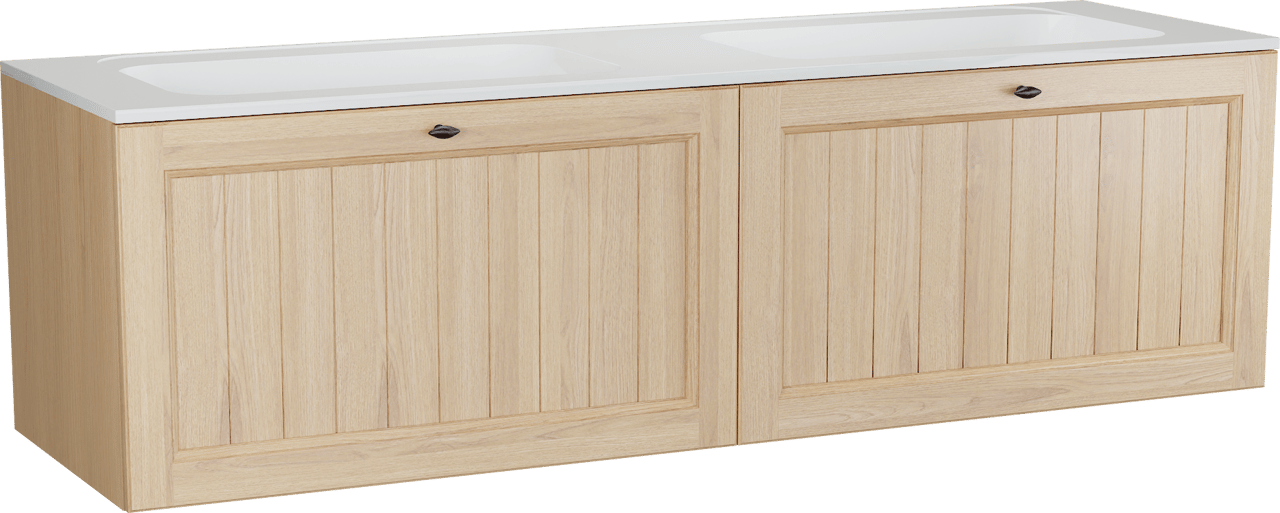 Balmani Lemon hängendes Möbelstück Set: 180 x 55 cm, Naturbelassene Eiche Furnier, mit Tablo Strada Doppelwaschtisch, Weiß glänzend