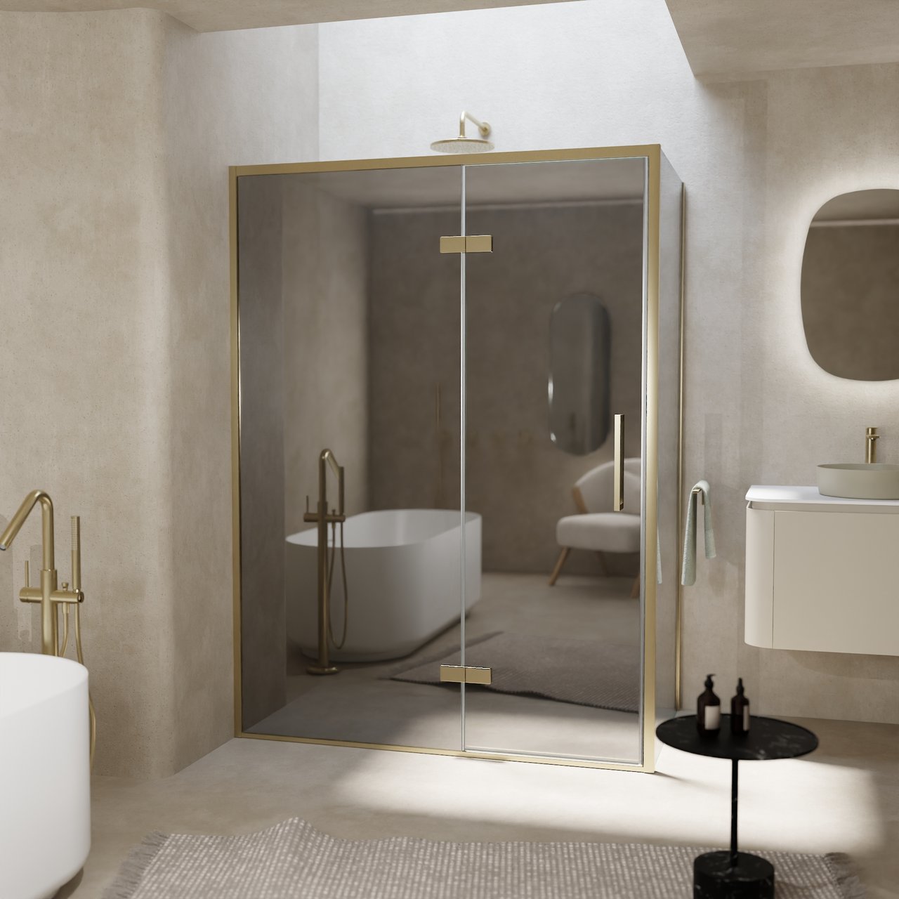 Balmani Senses Design douche en coin avec porte pivotante à gauche et paroi latérale fixe, 140 x 90 cm, Miroir Reflex, Profil Brushed Champagne Gold, coating inclus