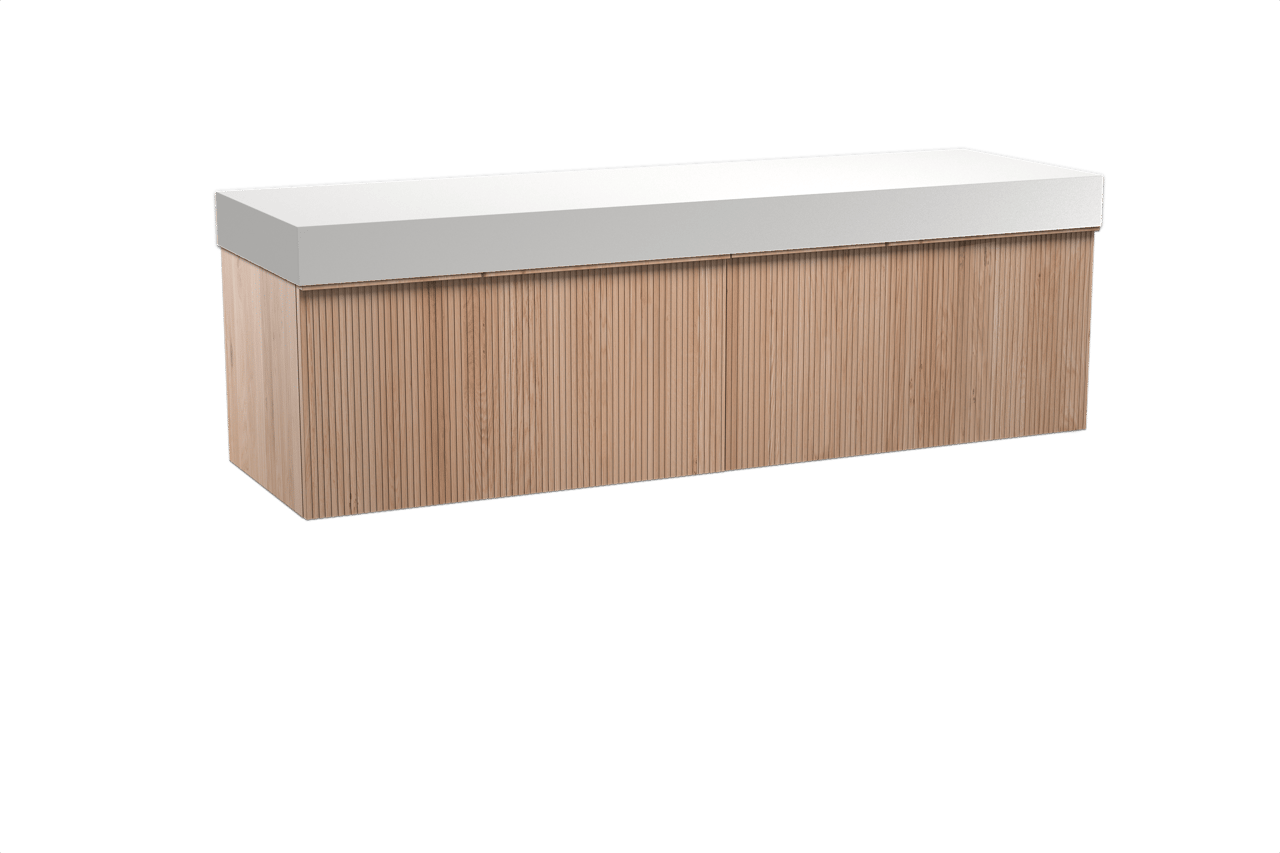 Balmani Forma meuble salle de bains suspendu 180 x 55 cm chêne naturel avec Dominus tablette simple ou double en solid surface blanc mat, Nervure droite symétrique verticale