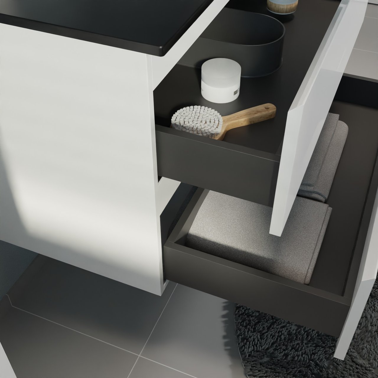 Linie Lado hängendes Möbelstück Set: 70 x 46 cm, Weiß glänzend, mit Baro Einzelwaschtisch, Porzellan Schwarz matt