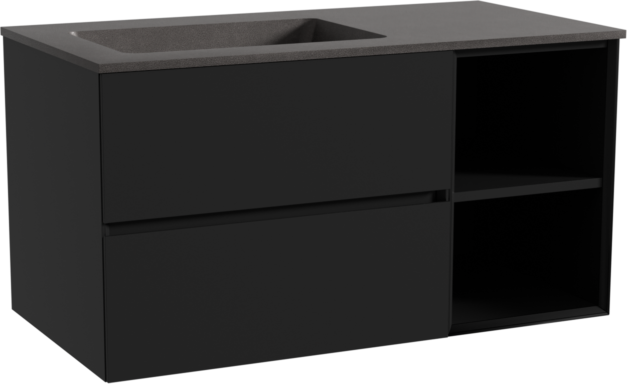 Storke Edge zwevend badmeubel 100 x 52 cm mat zwart met Scuro asymmetrisch linkse wastafel in kwarts mat zwart
