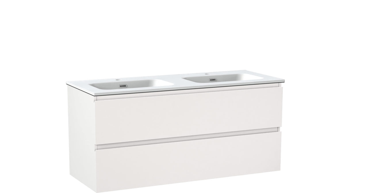 Linie Lado meuble salle de bains suspendu 120 x 46 cm blanc mat avec Baro double vasque en porcelaine blanc mat