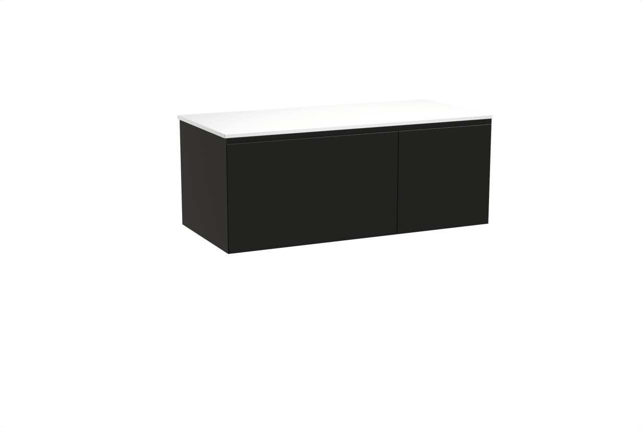 Balmani Idra hängendes Möbelstück Set: 120 x 55 cm, Schwarz matt, mit Stretto Einzel- oder Doppel Waschtischplatte, Solid Surface Weiß matt