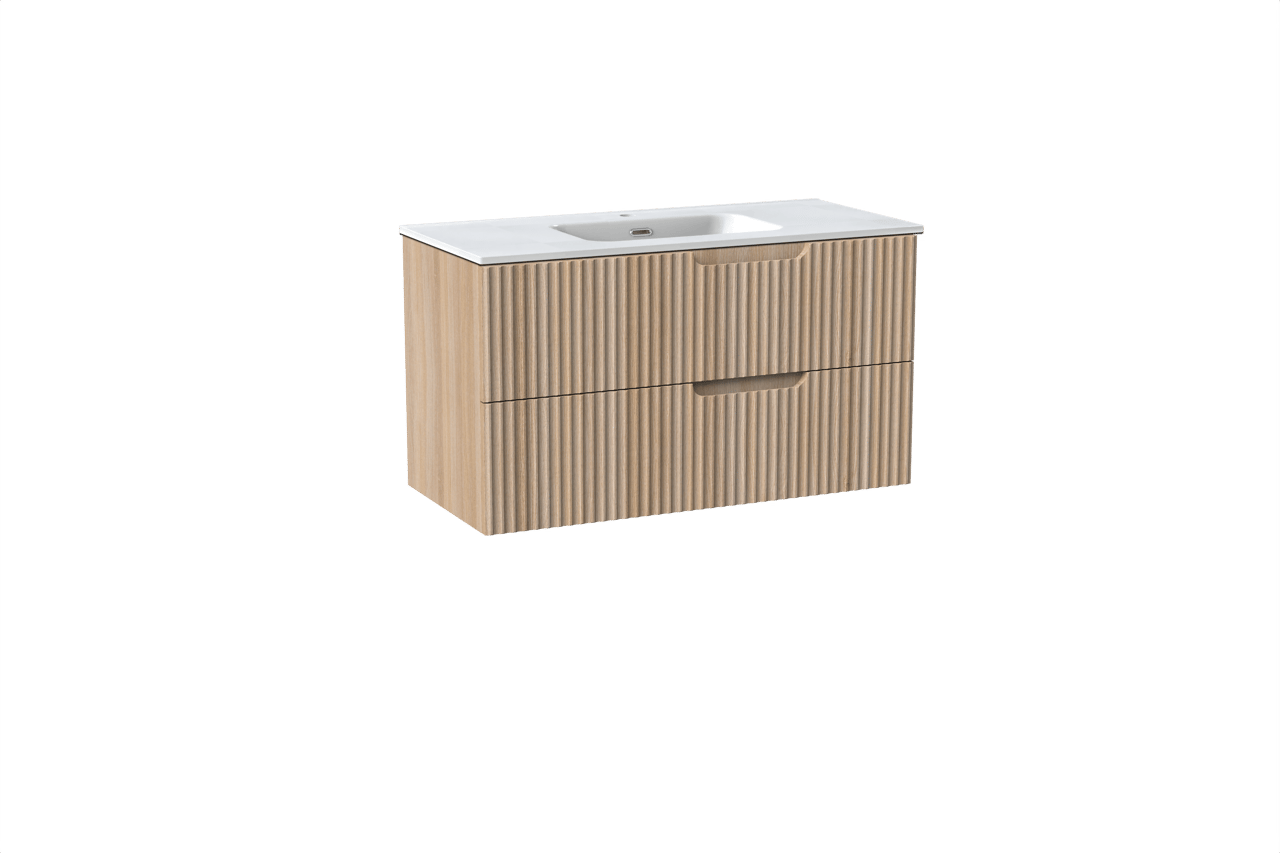 Linie Ribbo meuble salle de bains suspendu 100 x 46 cm chêne clair avec Baro plan simple en porcelaine blanc brillant, Nervure circulaire symétrique verticale