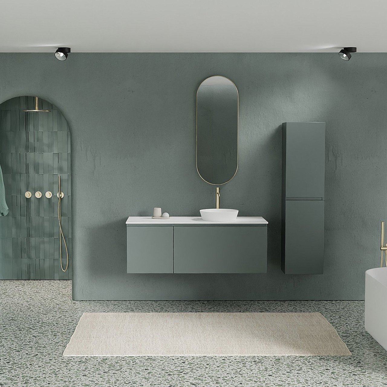 Balmani Sfera hängendes Möbelstück Set: 135 x 55 cm, Forest, mit Stretto Einzel- oder Doppel Waschtischplatte, Solid Surface Weiß matt