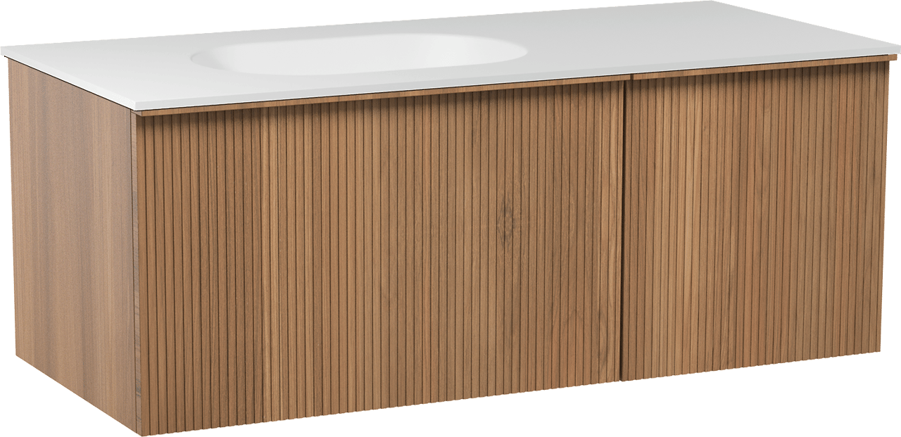 Balmani Forma hängendes Möbelstück Set: 120 x 55 cm, Teak, mit Tablo Oval Waschtisch links, Solid Surface, Weiß matt, Vertikale symmetrische gerade Rippe