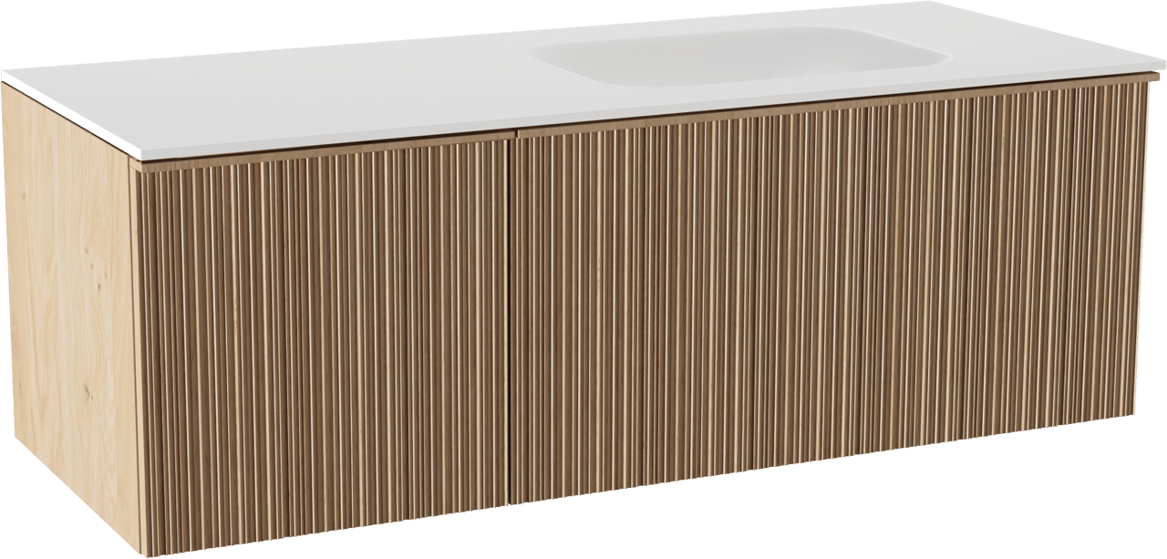 Balmani Forma hängendes Möbelstück Set: 135 x 55 cm, Naturbelassene Eiche, mit Tablo Arcato Waschtisch rechts, Solid Surface, Weiß matt, Vertikale asymmetrische Runde Rippe