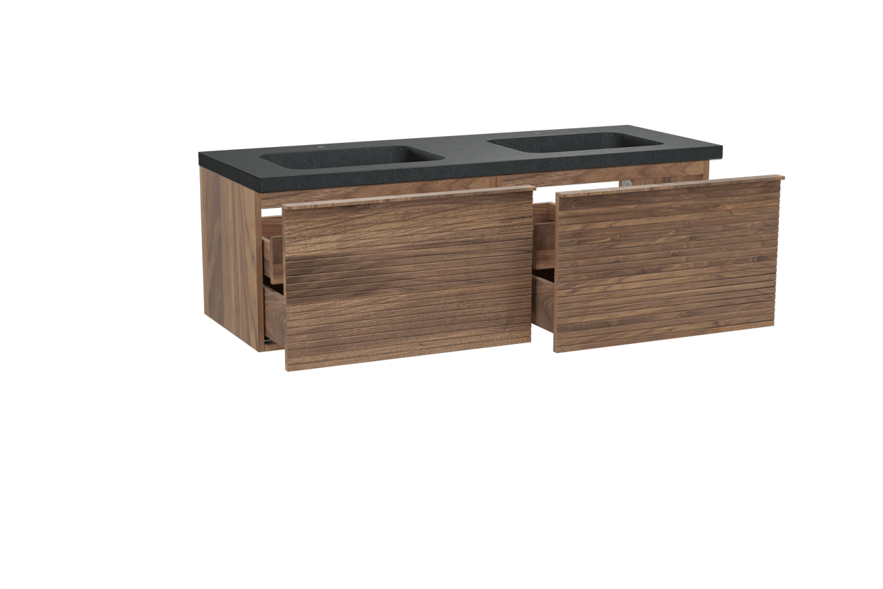 Balmani Forma hängendes Möbelstück Set: 150 x 55 cm, Amerikanischer Nussbaum, mit Napoli Doppelwaschtisch, Granit, Schwarzes Granit, Horizontale symmetrische gerade Rippe