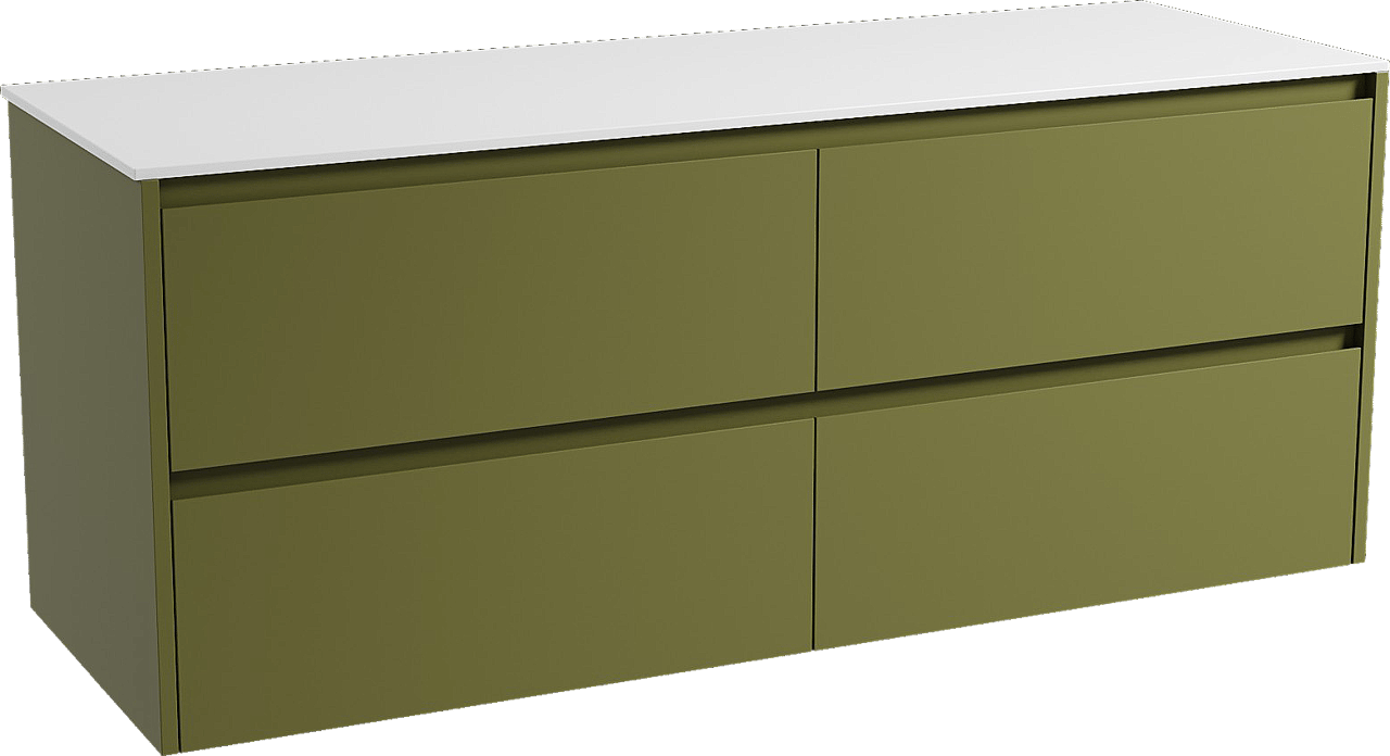 Storke Seda zwevend badkamermeubel 150 x 52 cm olijfgroen met Tavola enkel of dubbel tablet in solid surface mat wit