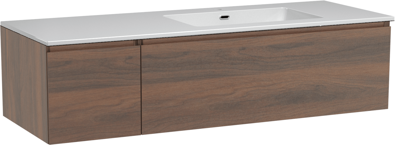 Storke Edge hängendes Möbelstück Set: 140 x 52 cm, Nussbaum, mit Diva Waschtisch rechts, Marmorkomposit Weiß glänzend