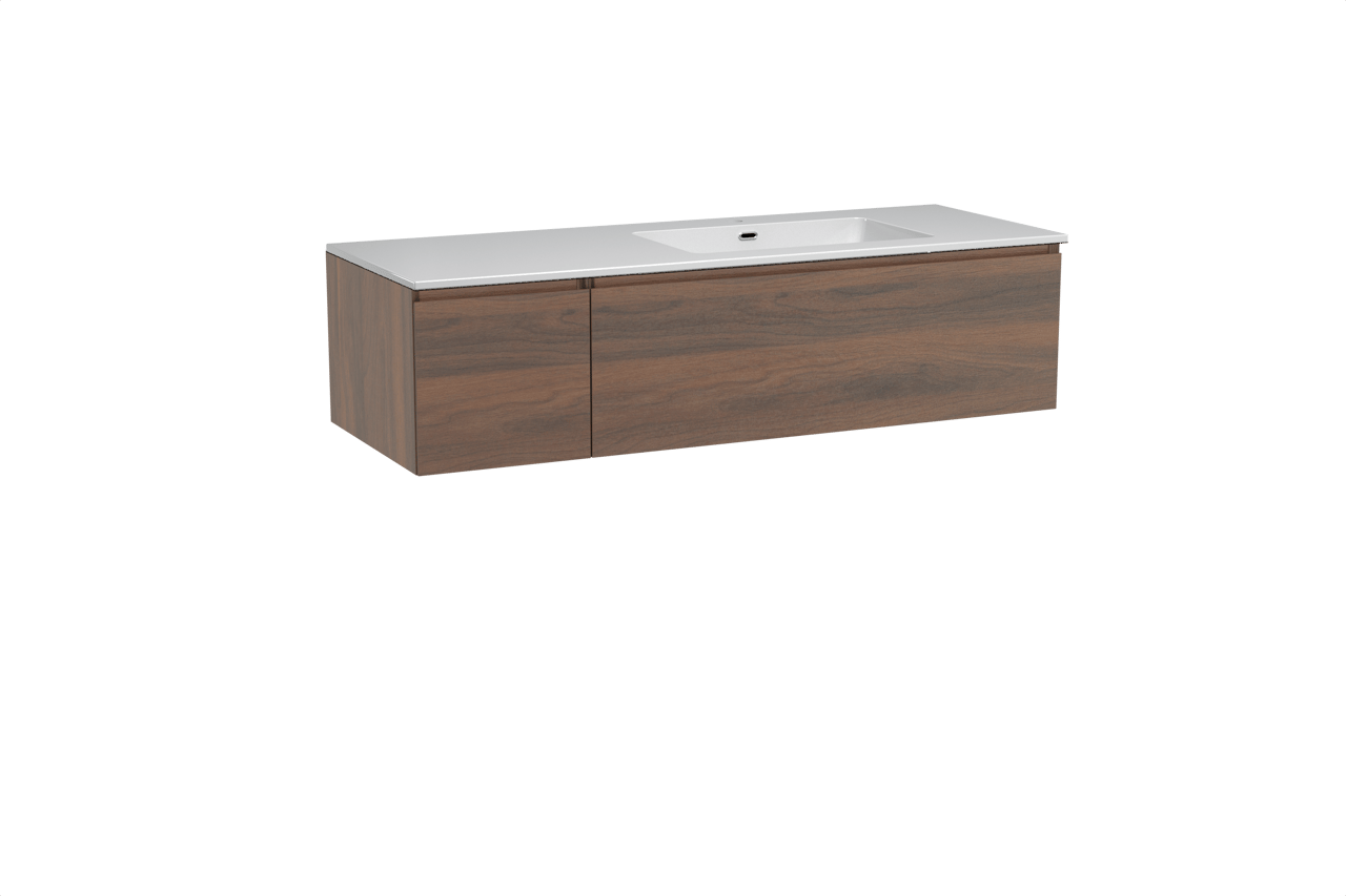 Storke Edge hängendes Möbelstück Set: 140 x 52 cm, Nussbaum, mit Diva Waschtisch rechts, Marmorkomposit Weiß glänzend