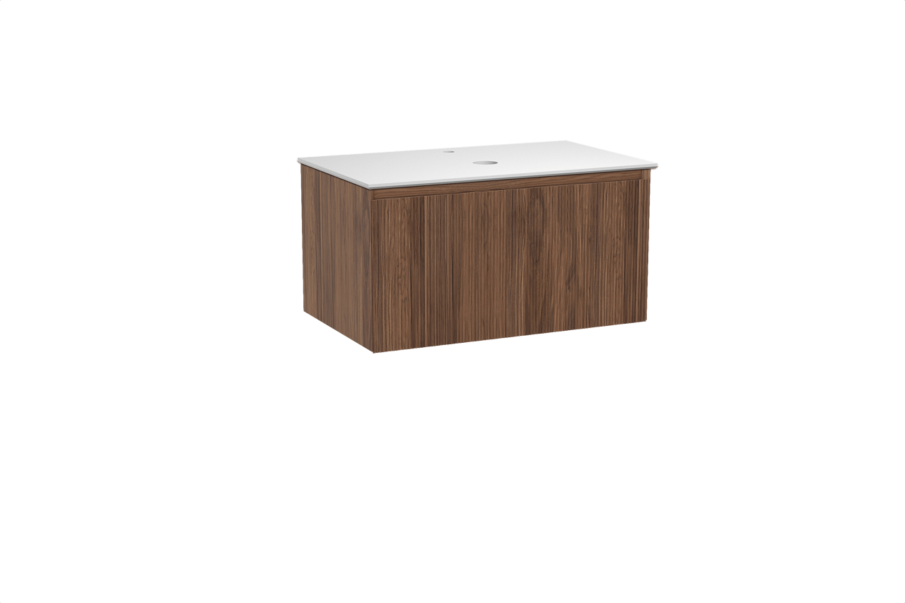 Balmani Fila hängendes Möbelstück Set: 90 x 55 cm, Nussbaum, mit Facetta Einzel Waschtischplatte, Solid Surface, Weiß matt, Vertikale symmetrische gerade Rippe