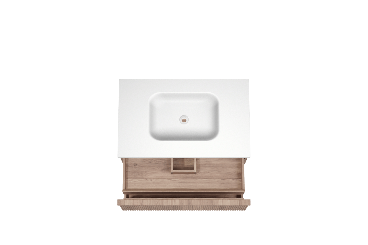 Balmani Forma zwevend badmeubel 90 x 55 cm teakhout met Tablo Arcato enkele wastafel in solid surface mat wit, Verticale symmetrische rechte ribbel