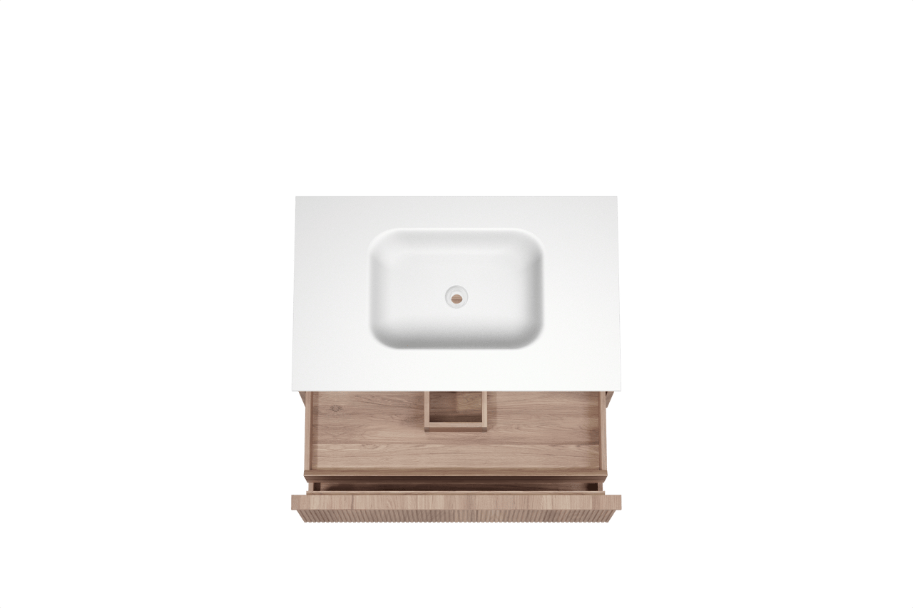 Balmani Forma hängendes Möbelstück Set: 90 x 55 cm, Teak, mit Tablo Arcato Einzelwaschtisch, Solid Surface, Weiß matt, Vertikale symmetrische gerade Rippe