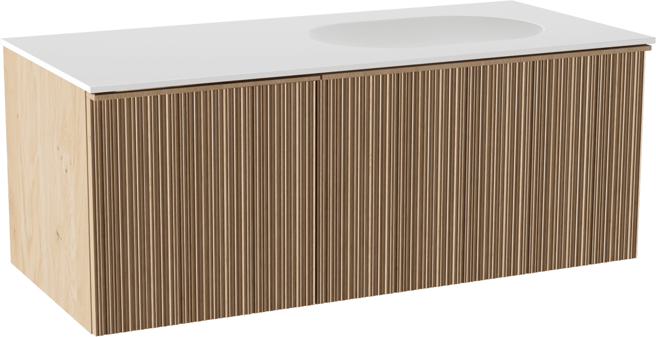 Balmani Forma zwevend badmeubel 120 x 55 cm naturel eiken met Tablo Oval asymmetrisch rechtse wastafel in solid surface mat wit, Verticale asymmetrische ronde ribbel