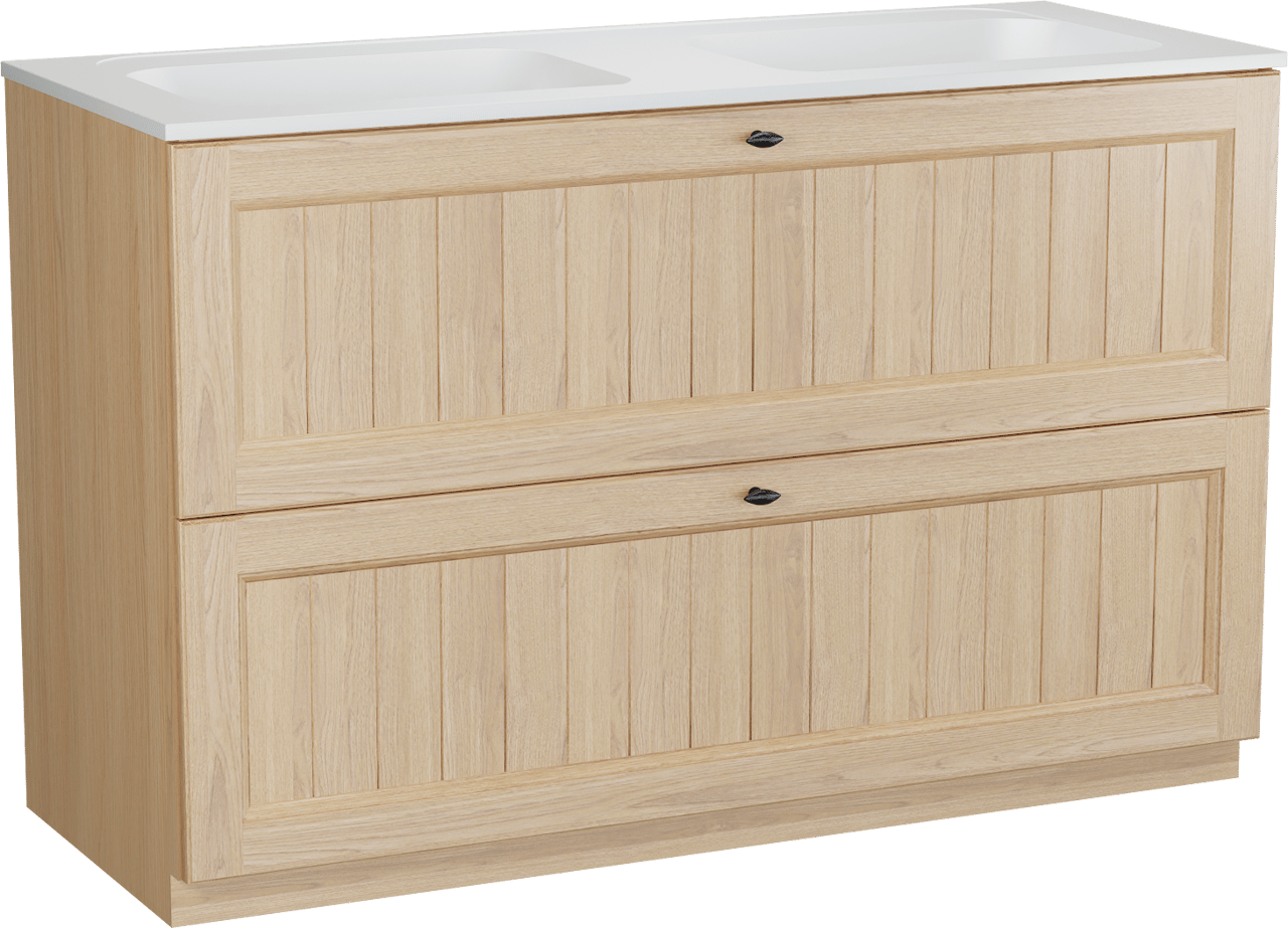 Balmani Lemon staand badkamermeubel 135 x 55 cm, fineer natuur eik met Tablo Strada dubbele wastafel in mat wit