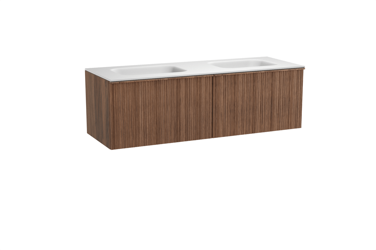 Balmani Forma zwevend badkamermeubel 150 x 55 cm amerikaanse notelaar met Tablo Arcato dubbele wastafel in solid surface mat wit, Verticale asymmetrische ronde ribbel