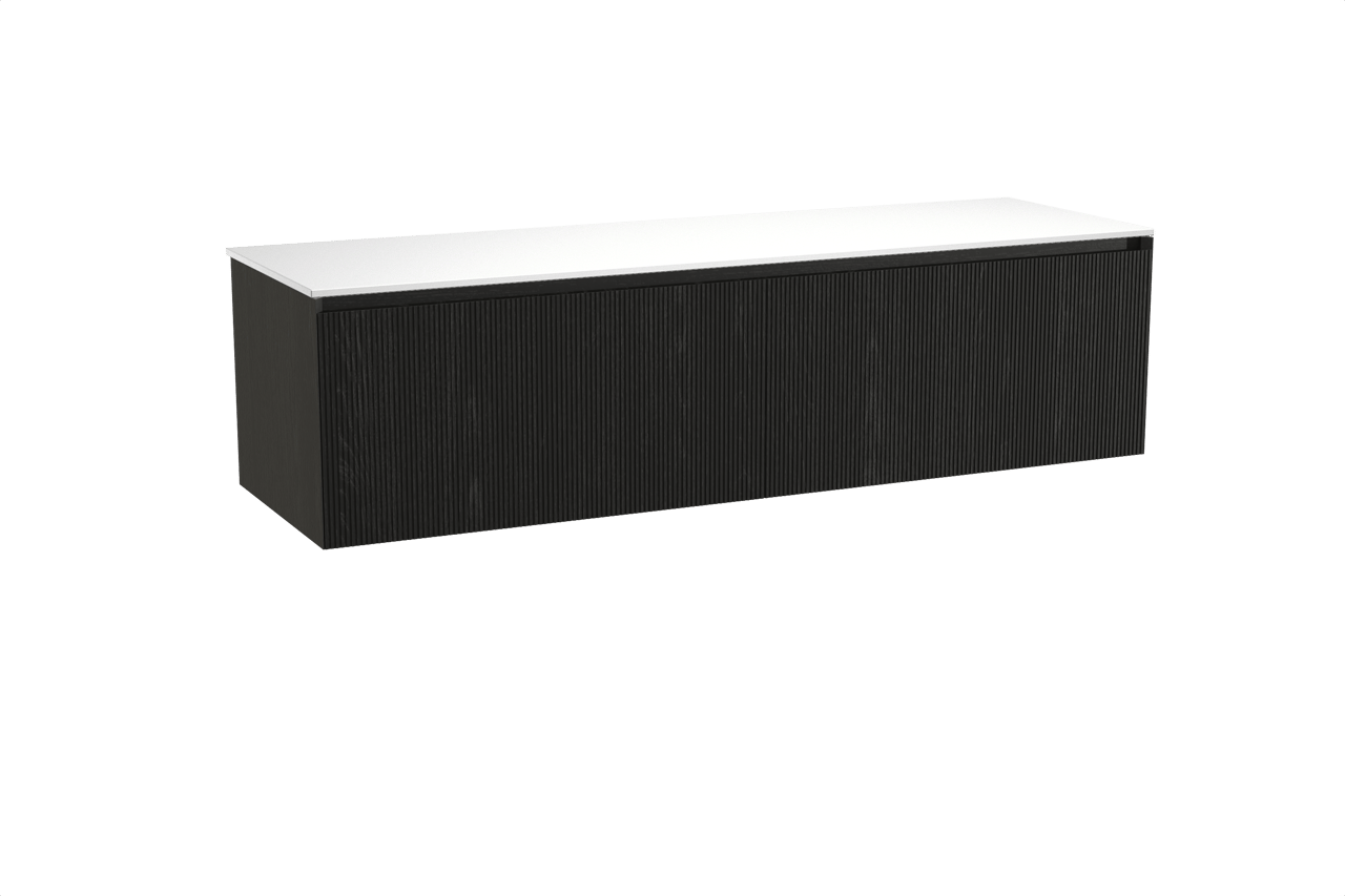 Balmani Fila zwevend badkamermeubel 180 x 55 cm zwarte eik met Stretto enkel of dubbel tablet in solid surface mat wit, Verticale symmetrische rechte ribbel