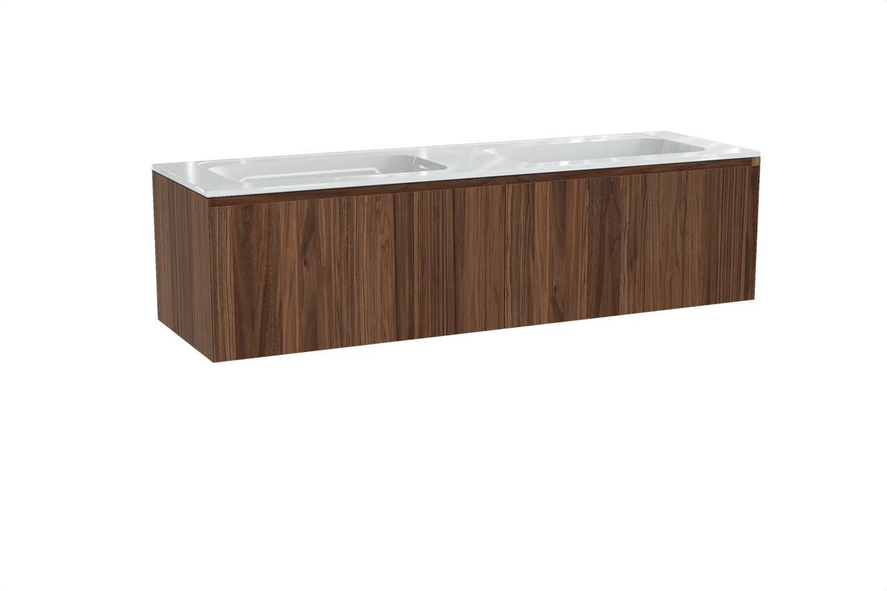 Balmani Idra zwevend badkamermeubel 180 x 55 cm notelaar met Tablo Strada dubbele wastafel in composietmarmer glanzend wit