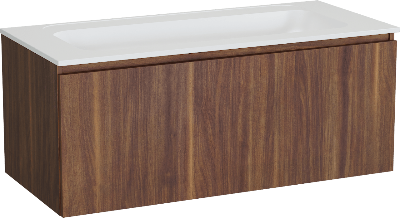 Balmani Sfera hängendes Möbelstück Set: 120 x 55 cm, Amerikanischer Nussbaum, mit Tablo Strada Einzelwaschtisch, Marmorkomposit Weiß matt