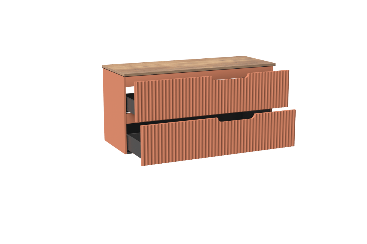 Linie Ribbo hängendes Möbelstück Set: 120 x 46 cm, Cotto, mit Lado Einzel- oder Doppel Waschtischplatte, Melamin, Naturbelassene Eiche, Vertikale symmetrische runde Rippe