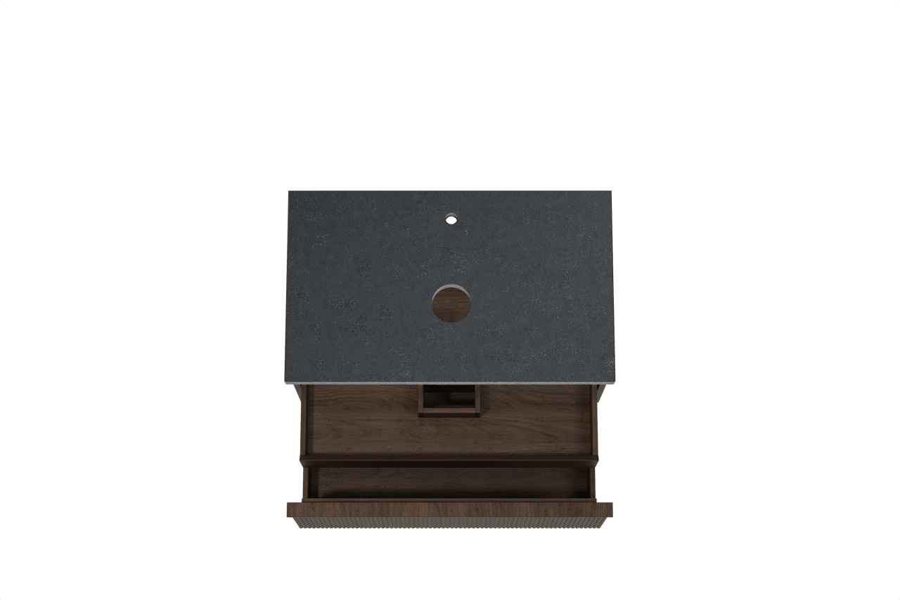 Balmani Forma hängendes Möbelstück Set: 90 x 55 cm, Geräucherte Eiche, mit Rock Einzel Waschtischplatte, Granit, Schwarzes Granit, Vertikale symmetrische gerade Rippe