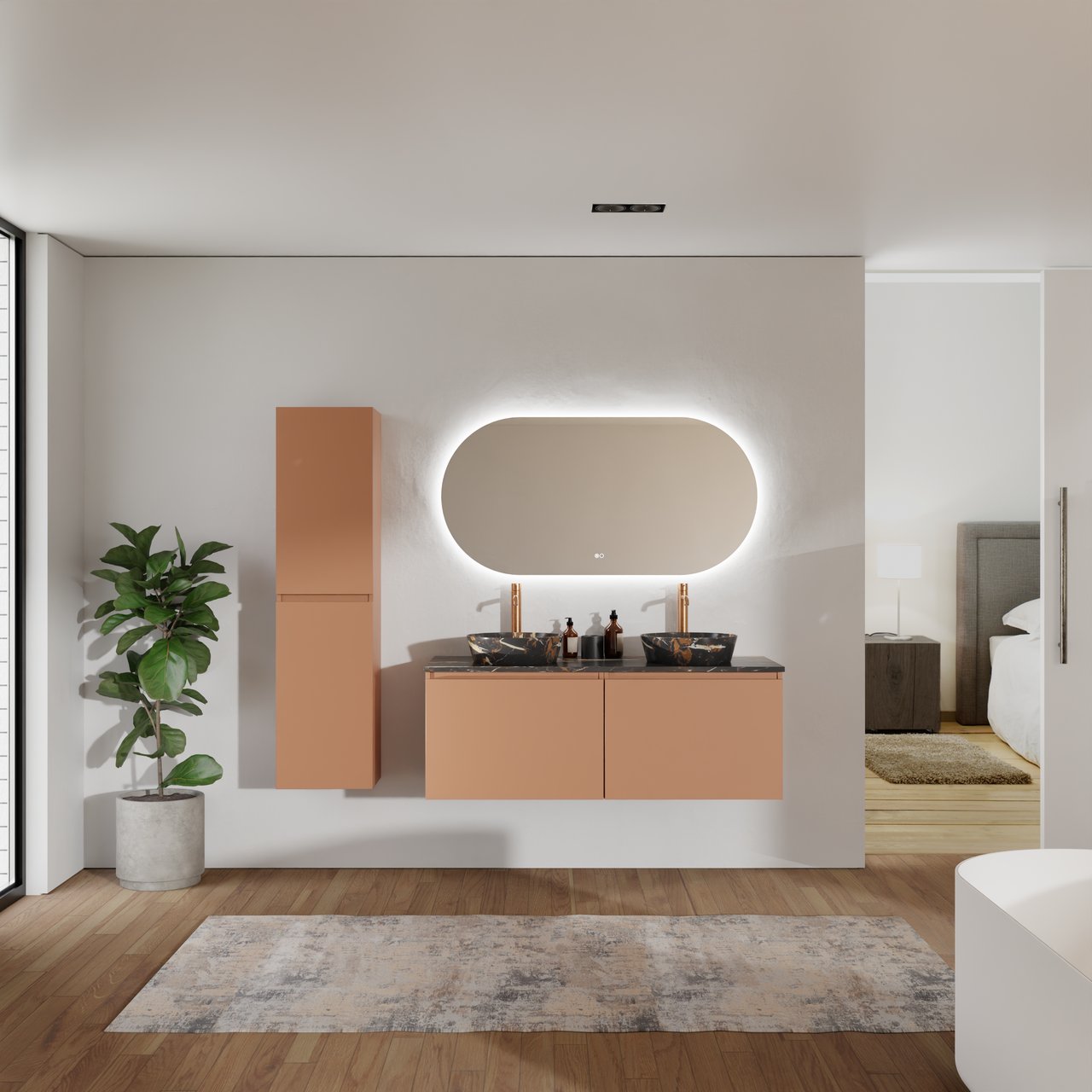 Balmani Sfera hängendes Möbelstück Set: 135 x 55 cm, Cotto, mit Stretto Einzel- oder Doppel Waschtischplatte, Marmor Portoro Gold