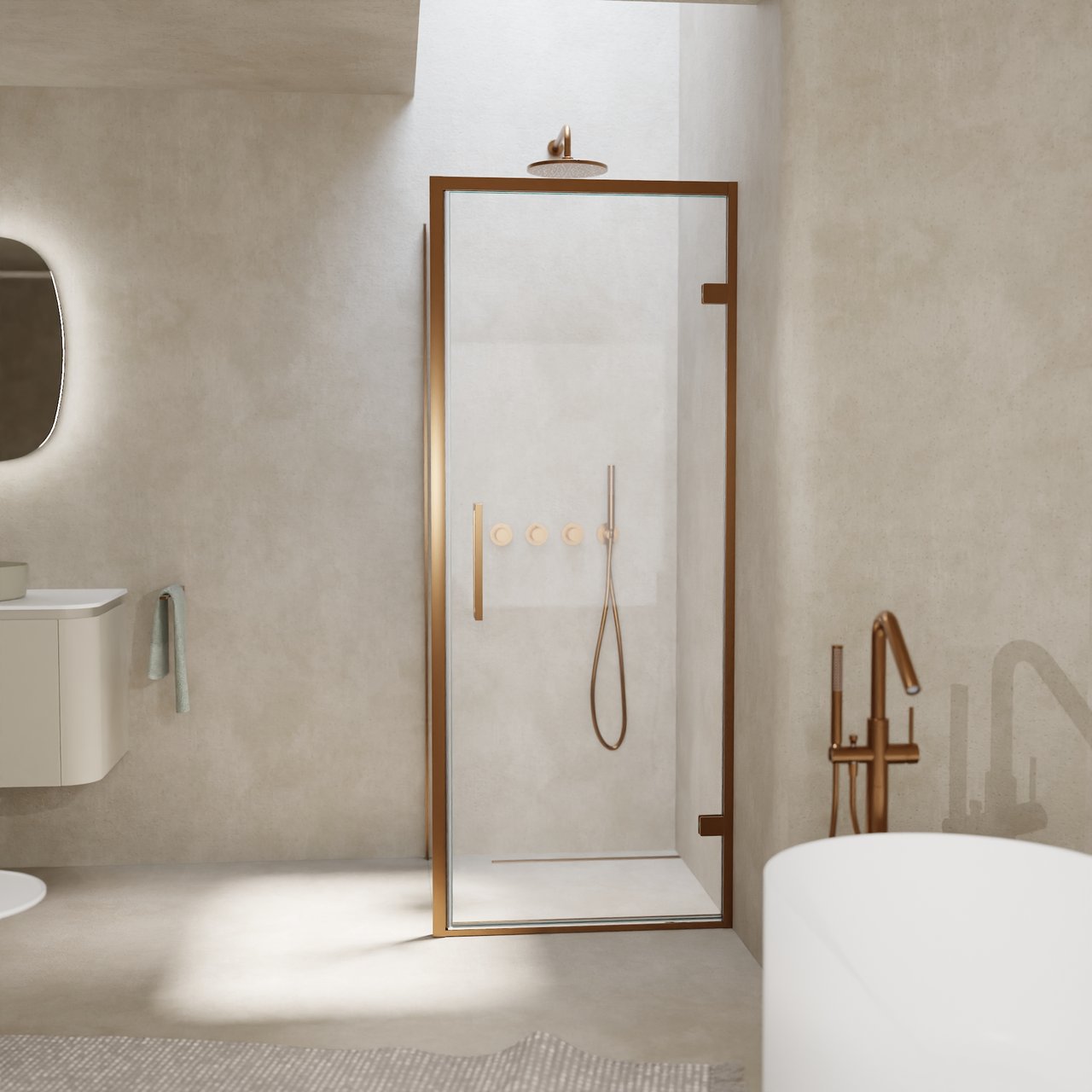 Balmani Senses Design douche en coin avec porte pivotante à droite et paroi latérale fixe, 90 x 70 cm, Verre transparent, Profil Brushed Rosegold