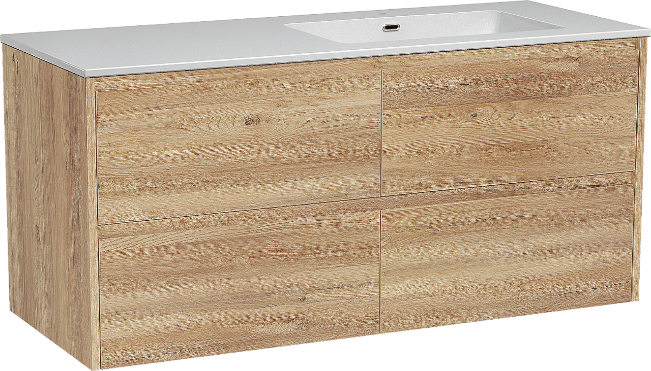 Storke Seda meuble salle de bains suspendu 130 x 52 cm chêne brut avec Diva vasque asymétrique droite en marbre composite blanc brillant