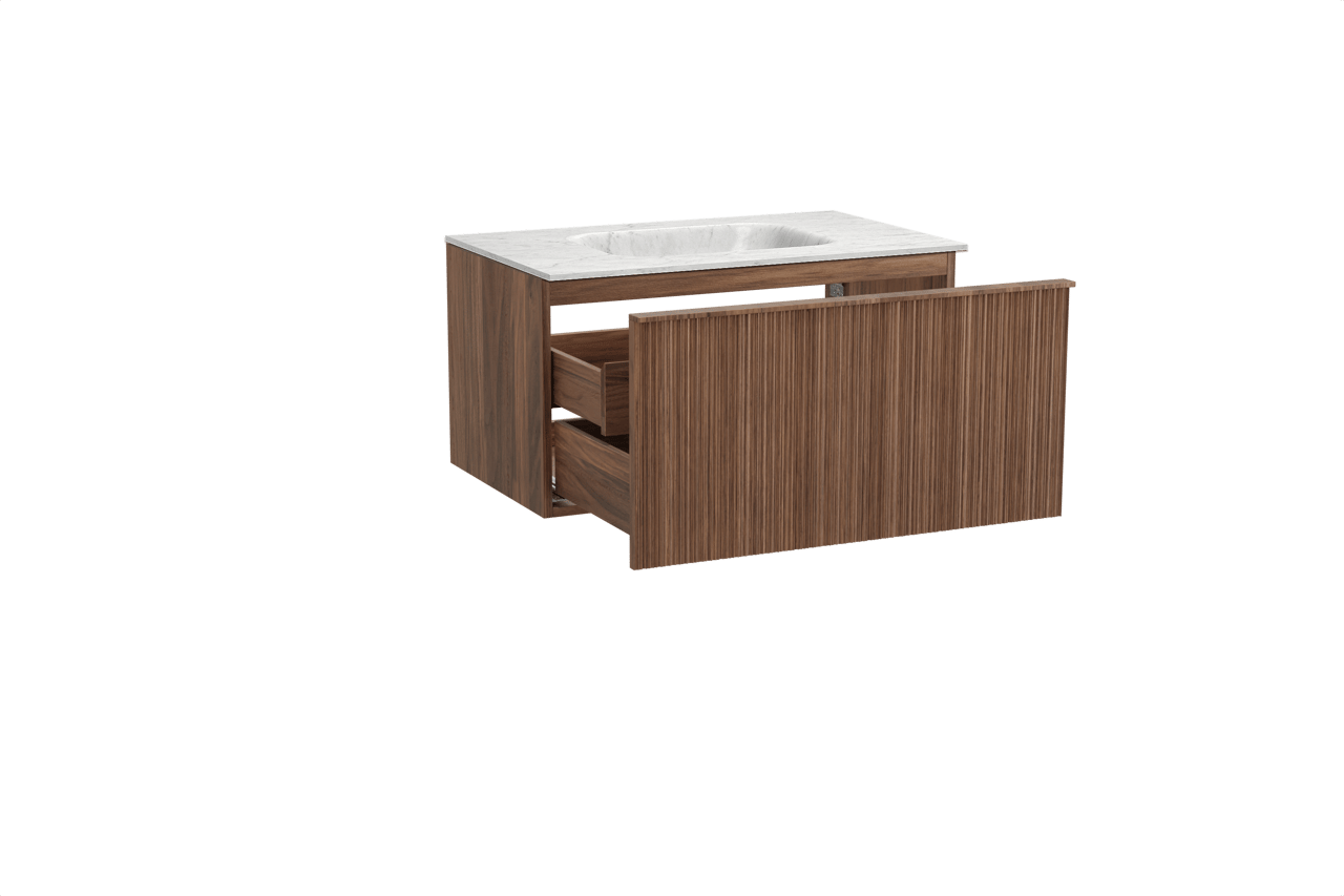 Balmani Forma hängendes Möbelstück Set: 90 x 55 cm, Amerikanischer Nussbaum, mit Tablo Arcato Einzelwaschtisch, Marmor, Carrara, Vertikale asymmetrische Runde Rippe